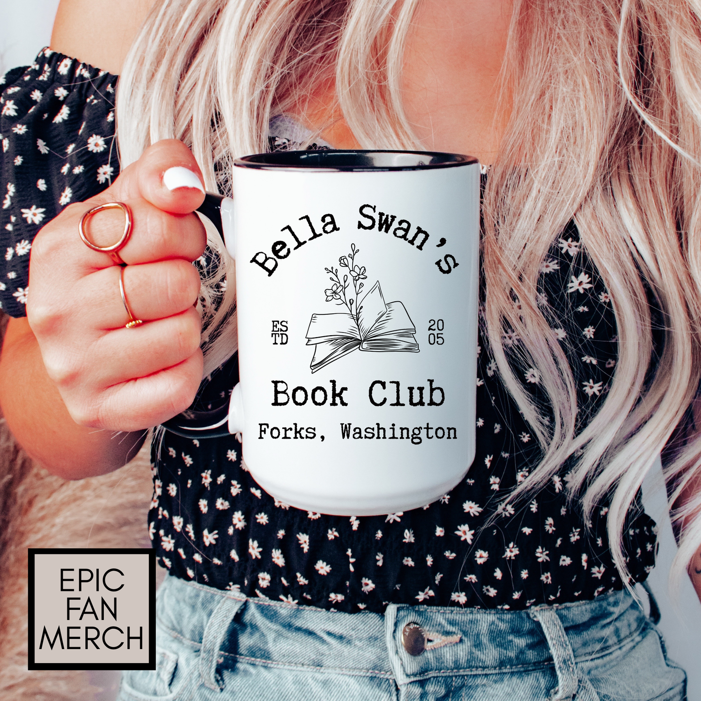 Bella’s Book Club Coffee Mug Colored Handle 15oz